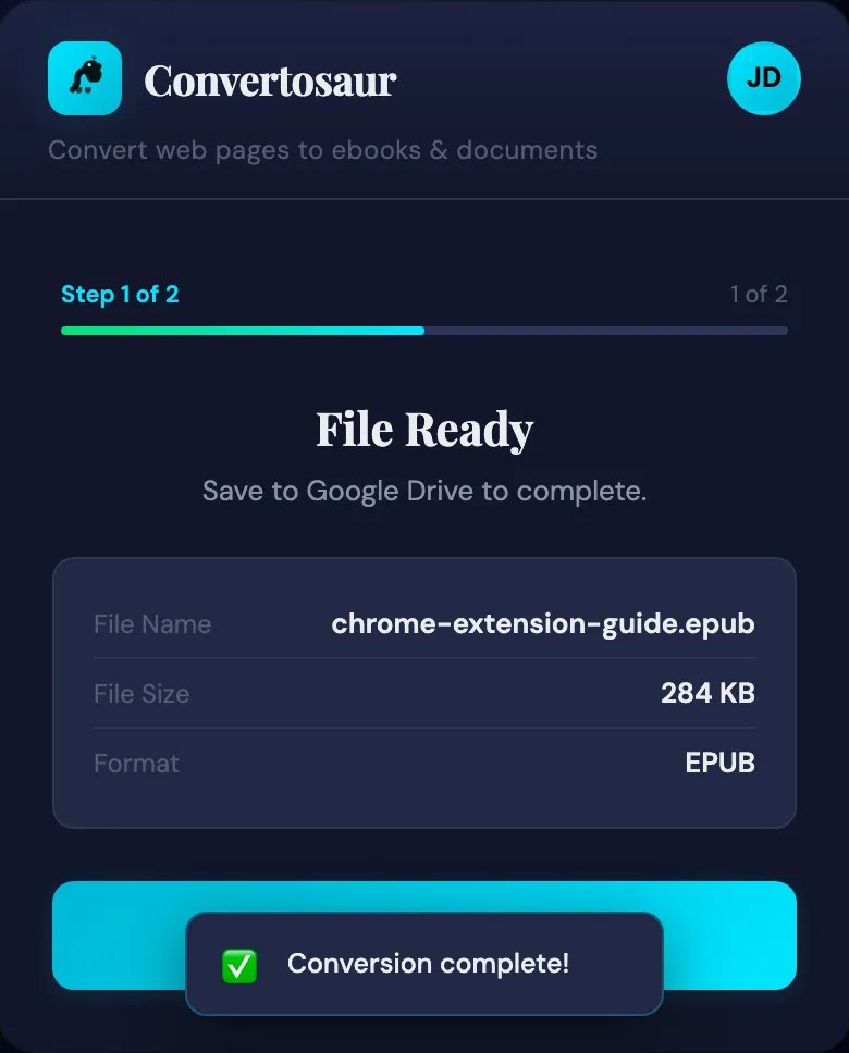Conversion success screen